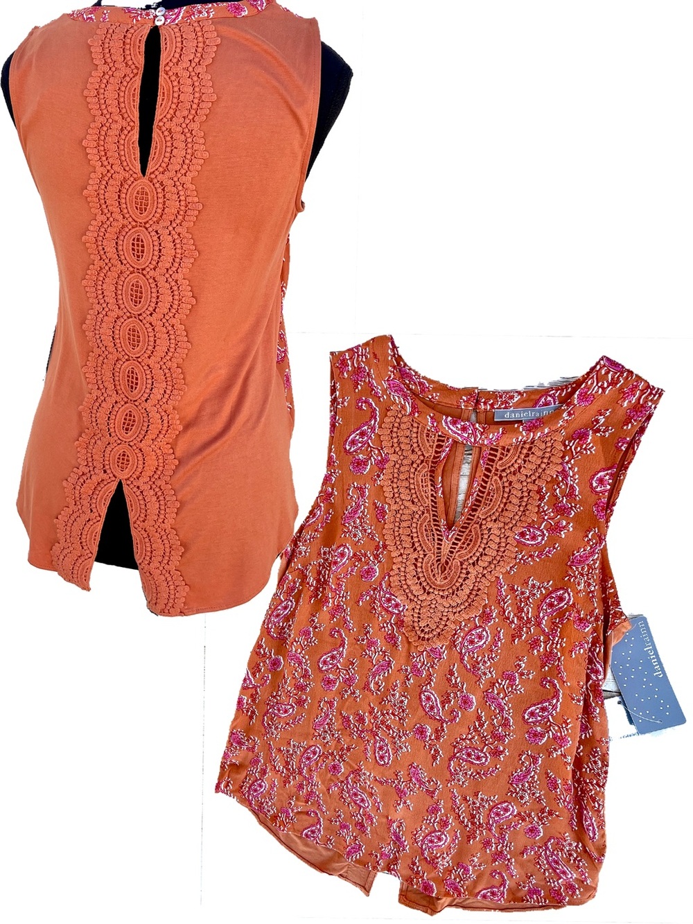 NEW Sleeveless Crochet Trim Top Coastal Cottage Keyhole Paisley Orange Pink SzXS